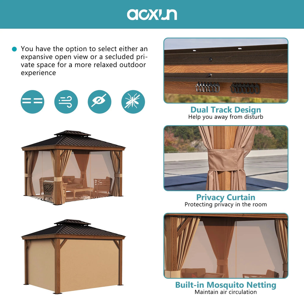 10x12FT Aluminum Frame Hardtop Gazebo with Netting and Curtains D619584