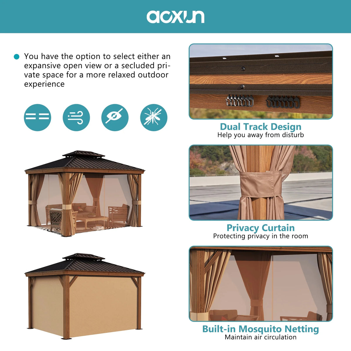 10x12FT Aluminum Frame Hardtop Gazebo with Netting and Curtains D619584