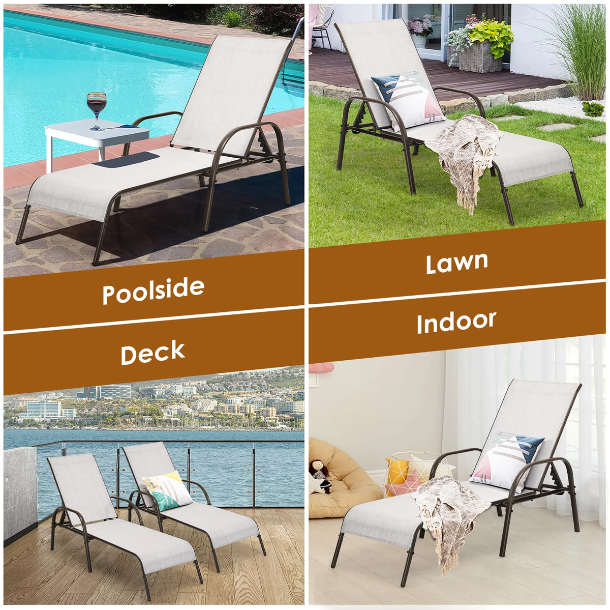 2PCS Grey Adjustable Reclining Patio Lounge Chair F720028