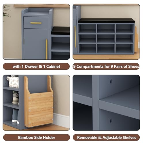 White 9 Cubbies Shoe Storage Bench with Cushion & Drawer U93170