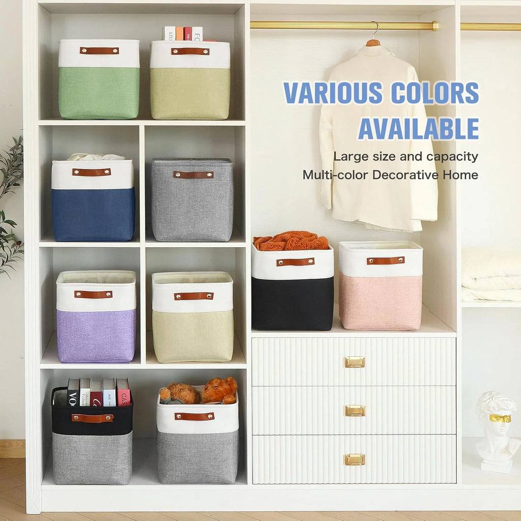 11x11 inch Foldable Cube Storage Bins with Leather Handles (White/ Blue) L59480