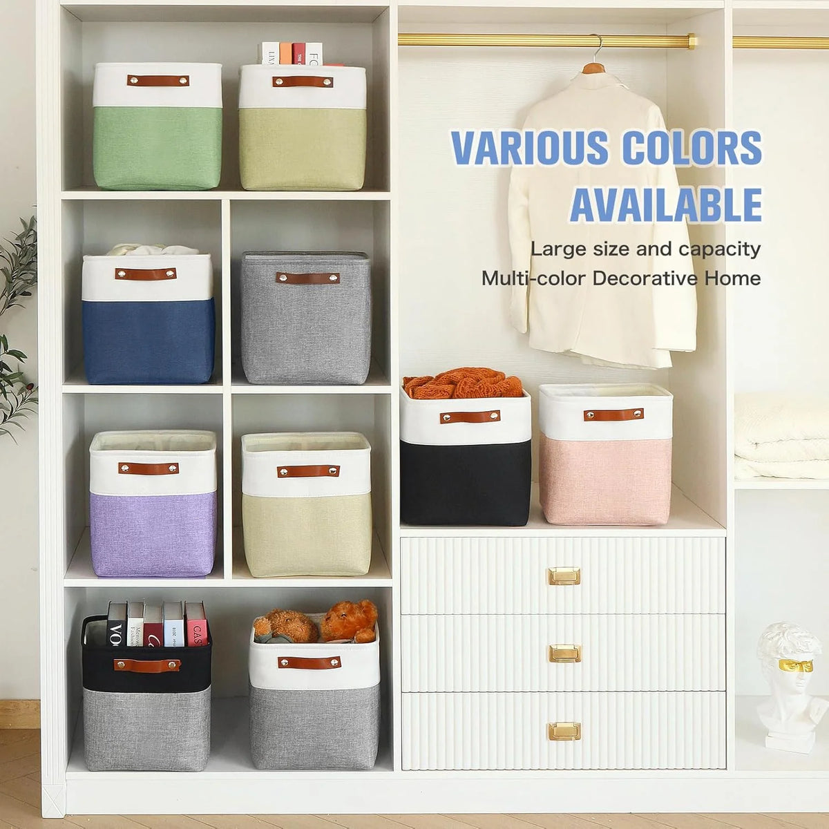 11x11 inch Foldable Cube Storage Bins with Leather Handles (White/ Blue) L59480