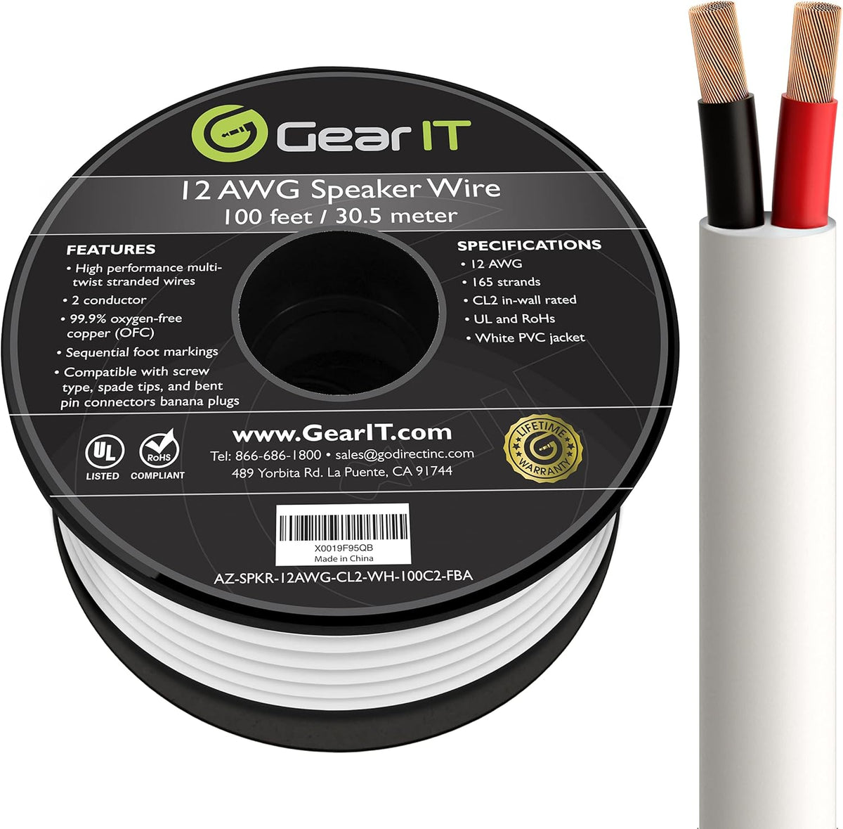 12AWG 100 Feet CL2 Rated 2 Conductor OFC Oxygen-Free Copper Speaker Wire G970