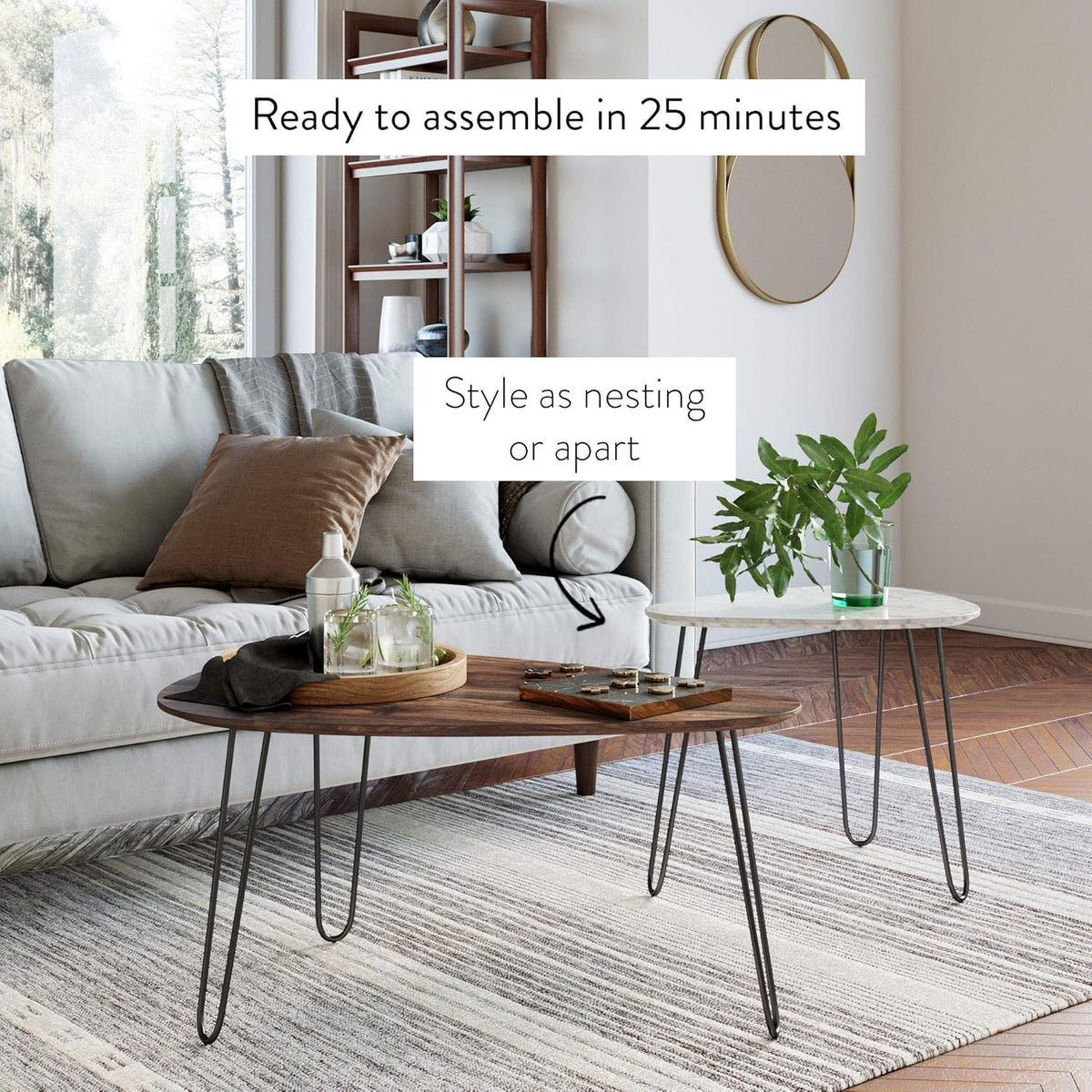 Mid-Century Nesting Coffee Table Set of 2, Faux Carrara Marble, Wood Finish, Black Metal Legs Y855