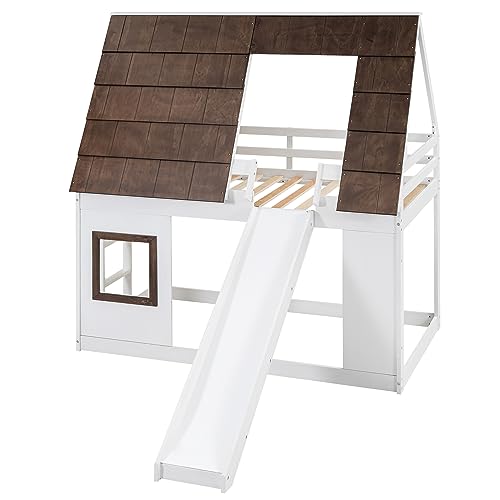 Twin-Over-Twin Wooden Bunk Bed with Storage, Gray+White F288
