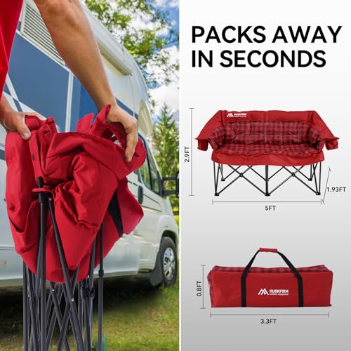 Grey Double Padded Camping Loveseat Chair with Cup Holders and Carry Bag J56126