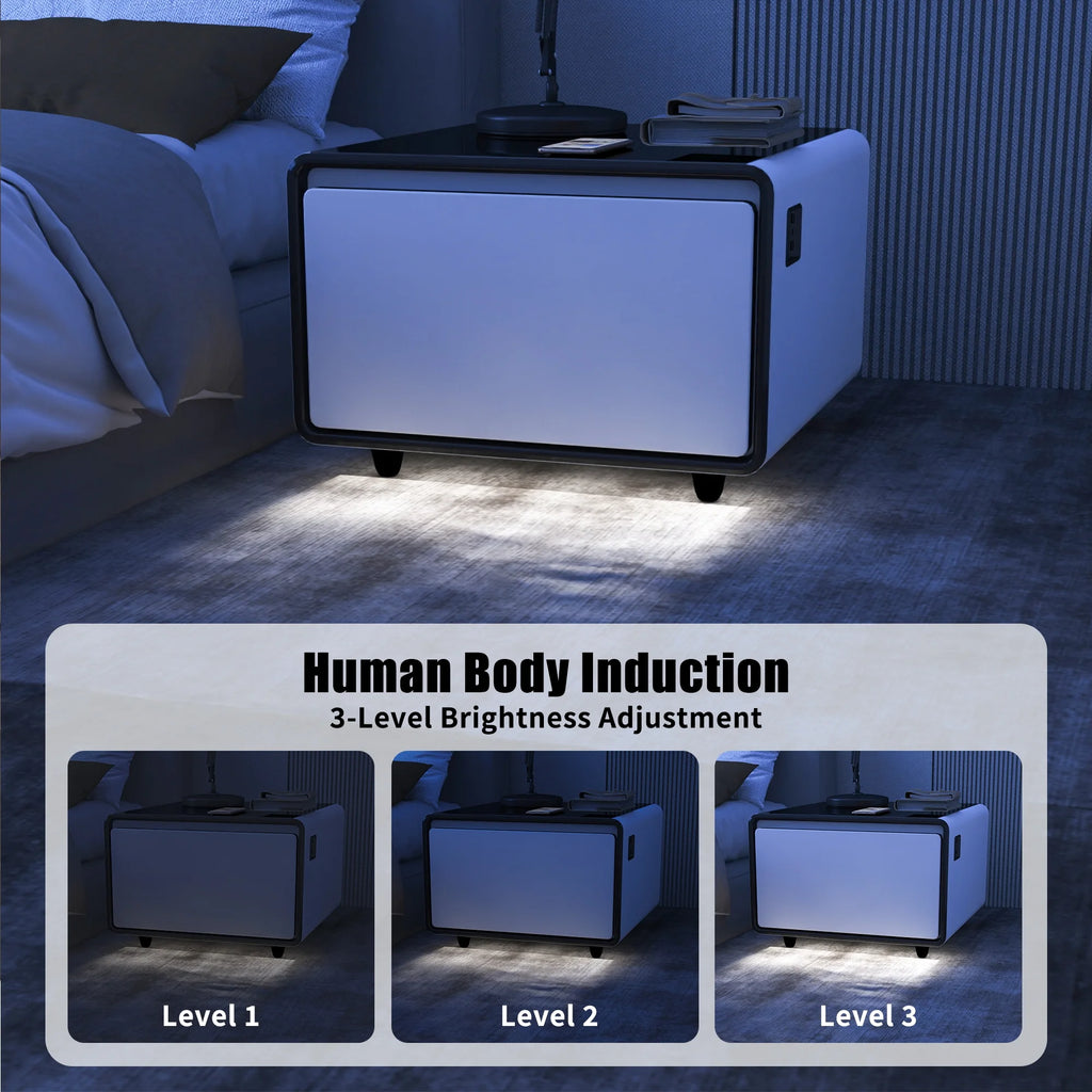 White Smart Side Table with Built in Fridge and Storage Drawer S839734