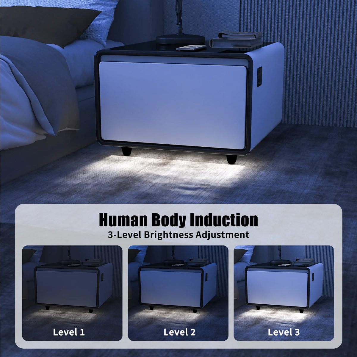White Smart Side Table with Built in Fridge and Storage Drawer S839734