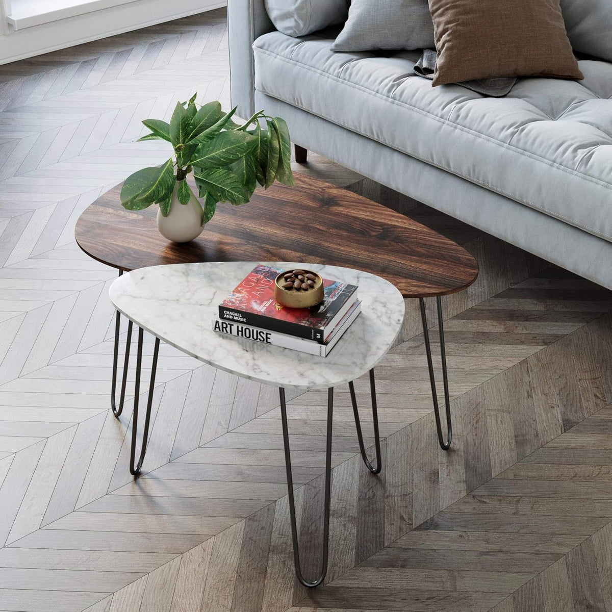 Mid-Century Nesting Coffee Table Set of 2, Faux Carrara Marble, Wood Finish, Black Metal Legs Y855