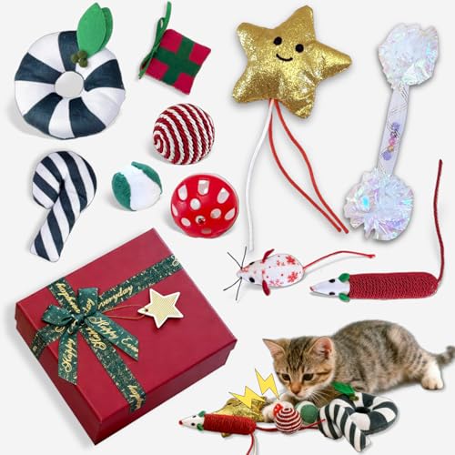 Christmas Cat Toys Set, 10Pcs Catnip Toys with Gift Box F742
