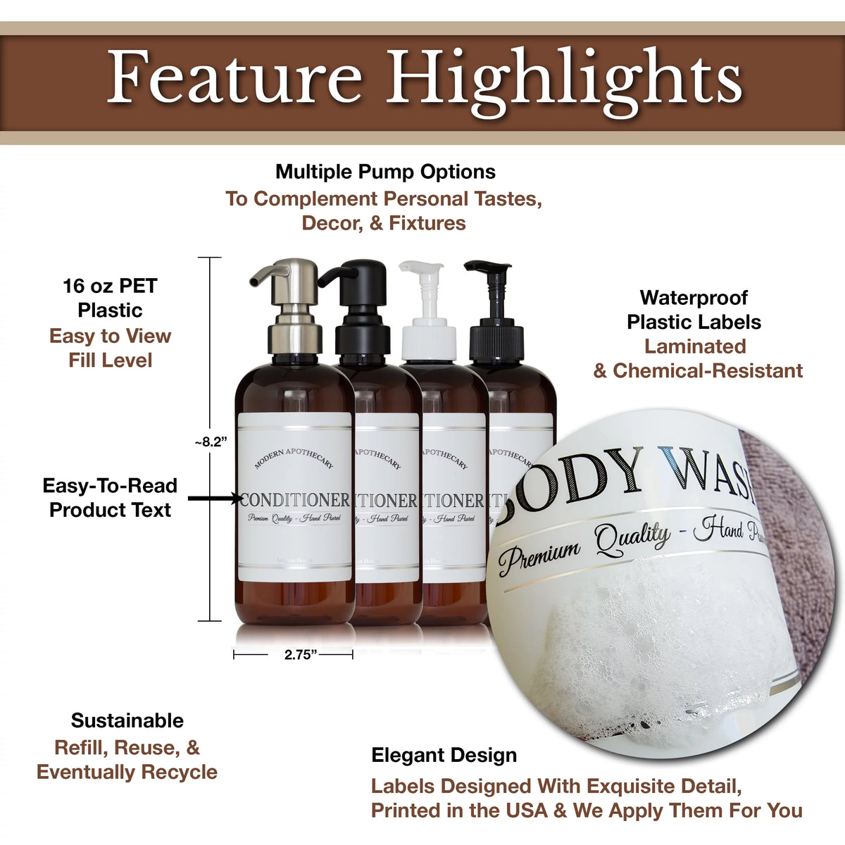 Refillable Body Wash, Shampoo and Conditioner Bottles 16 oz 3 Pack P42174
