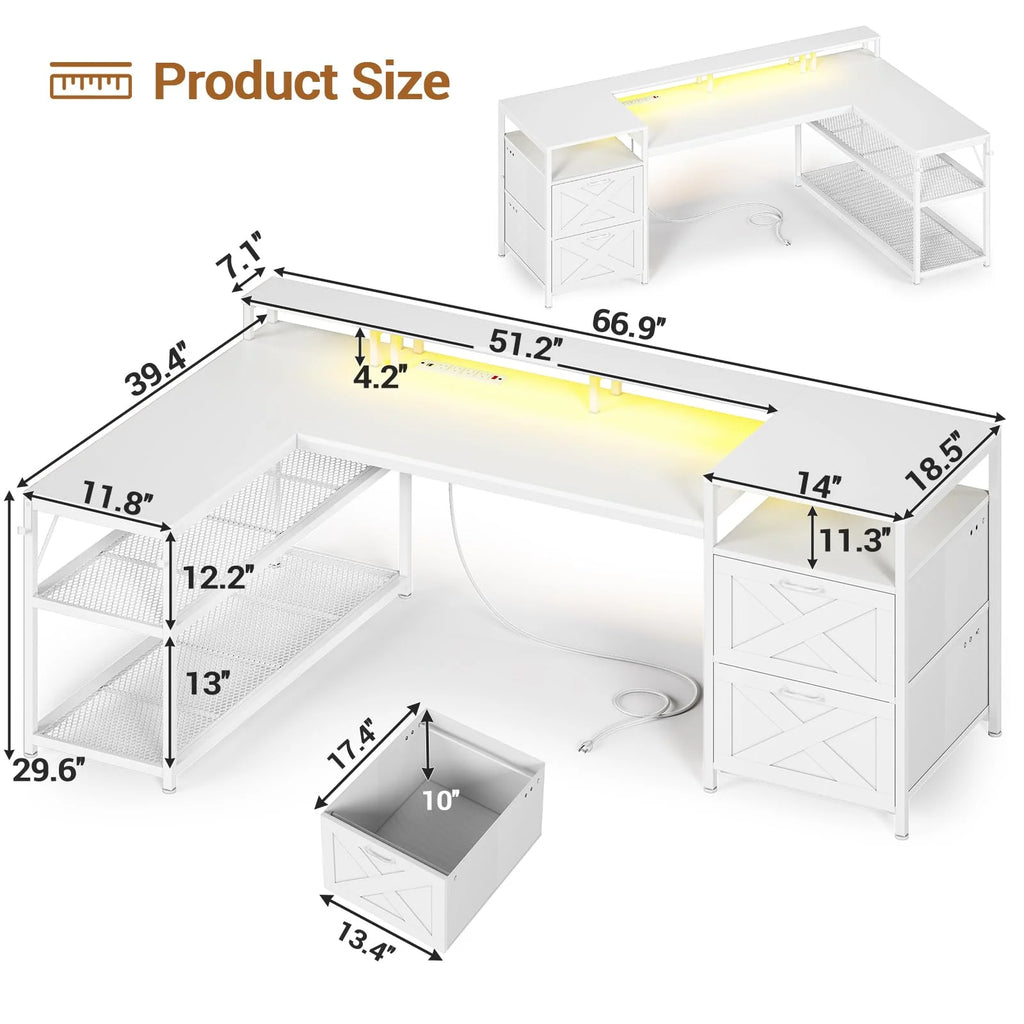 L Shaped Desk with Power Outlet and 2 Drawers, White J1408