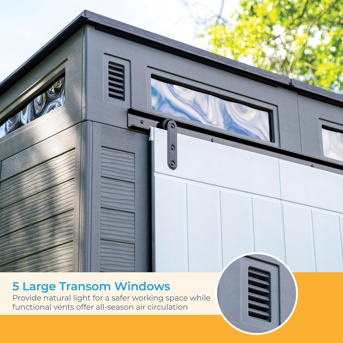 Gray and Black 10 Foot by 7 Foot Outdoor Plastic Storage Shed with Sliding Barn Door W25997