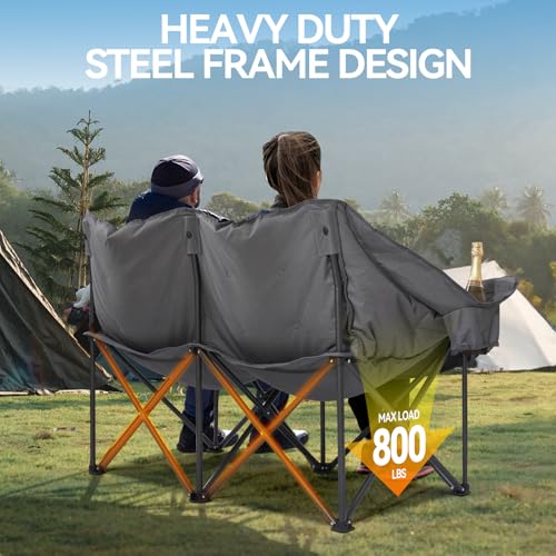 Grey Double Padded Camping Loveseat Chair with Cup Holders and Carry Bag J56126