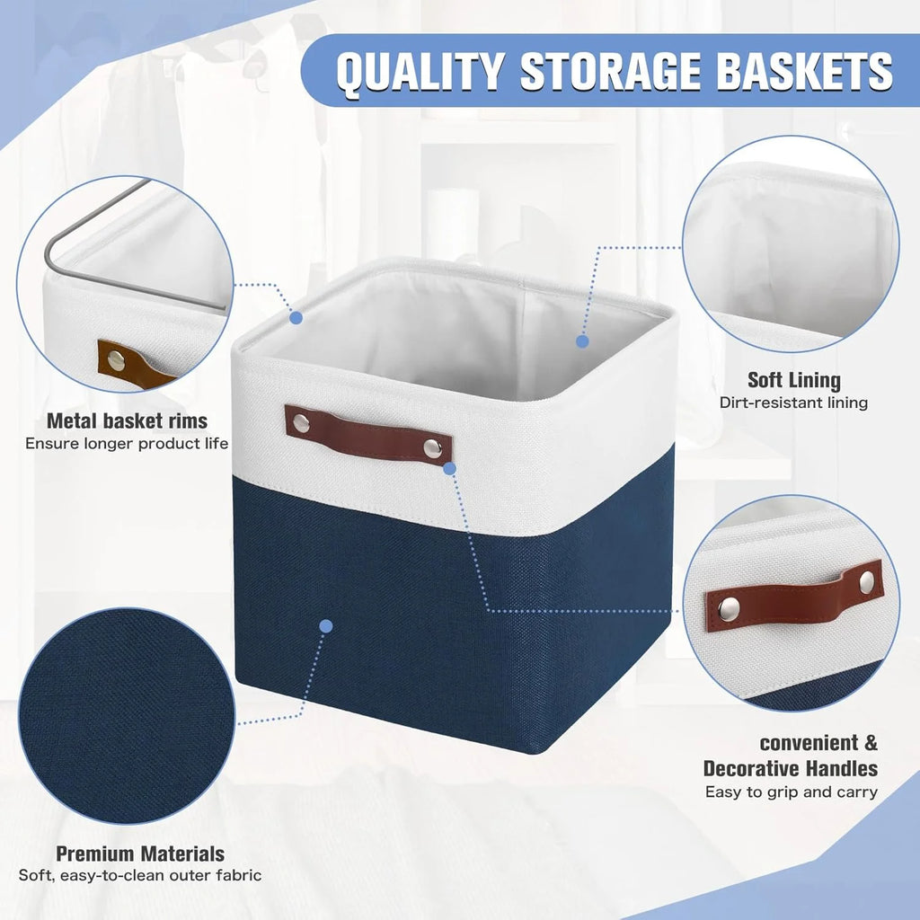 11x11 inch Foldable Cube Storage Bins with Leather Handles (White/ Blue) L59480