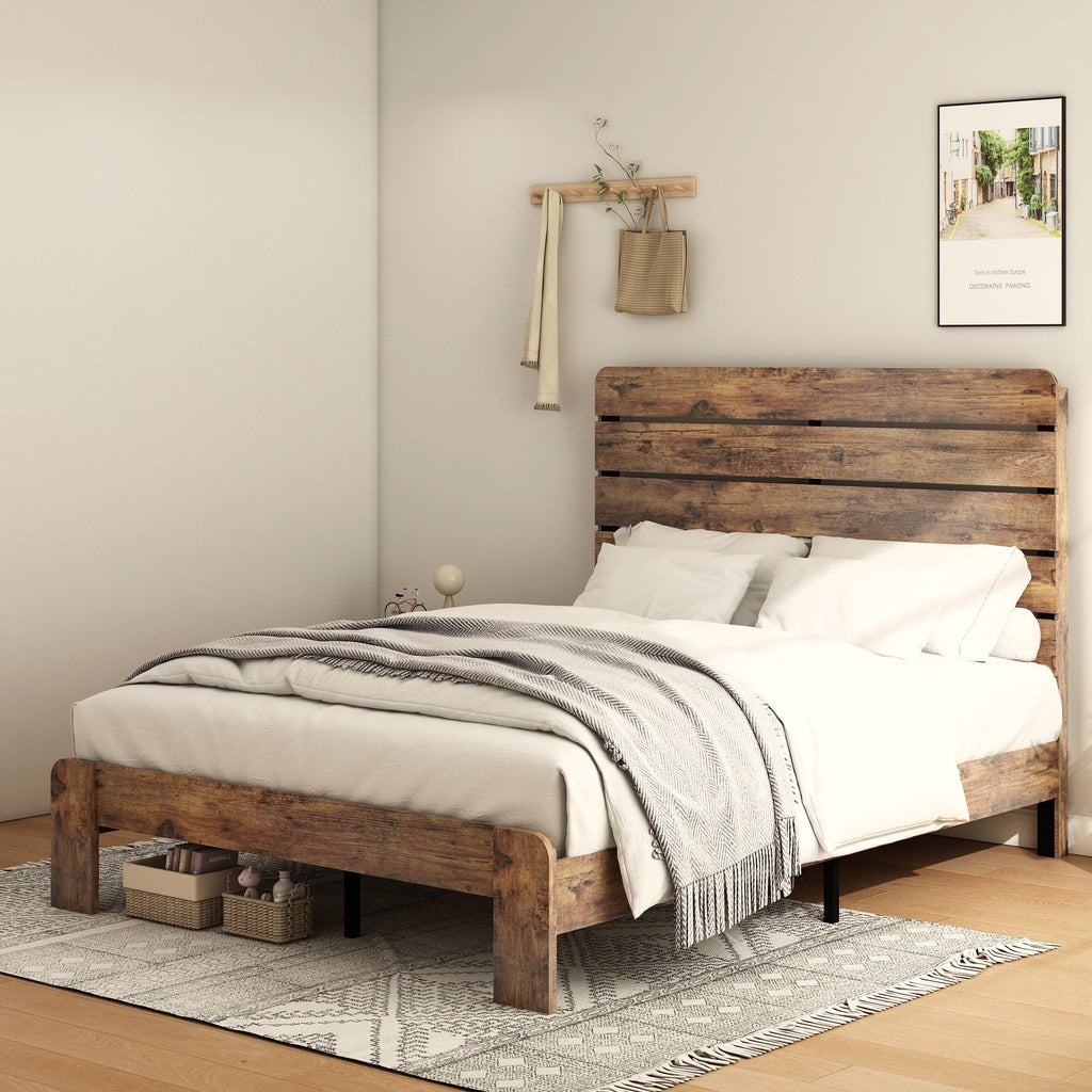 Queen Size Dark Brown Wood Platform Bed with Headboard M615795