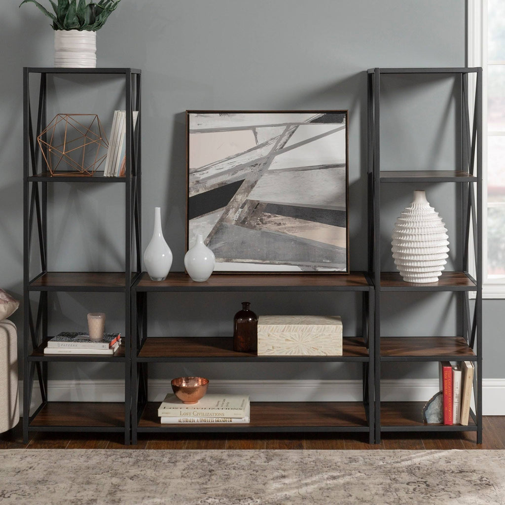 3-Piece Dark Walnut Black Metal Entertainment Wall M496