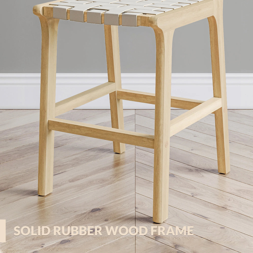 Woven Counter Stools 24 inch Set of 2, Faux Leather Bar Stools with Back Solid Wood Frame Z9001