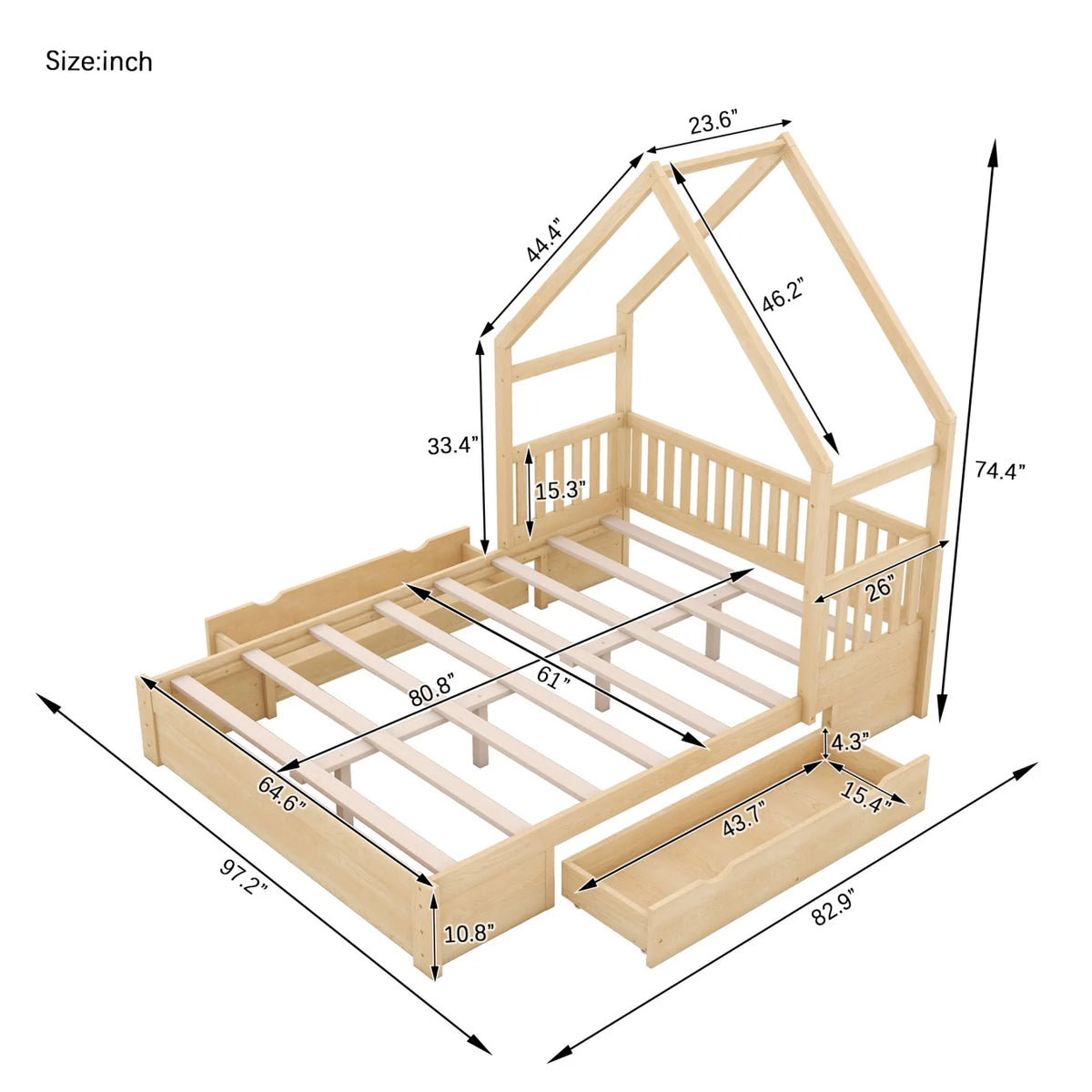 Queen Size Wood Platform Bed with Guardrail and 2 Storage Drawers C5356