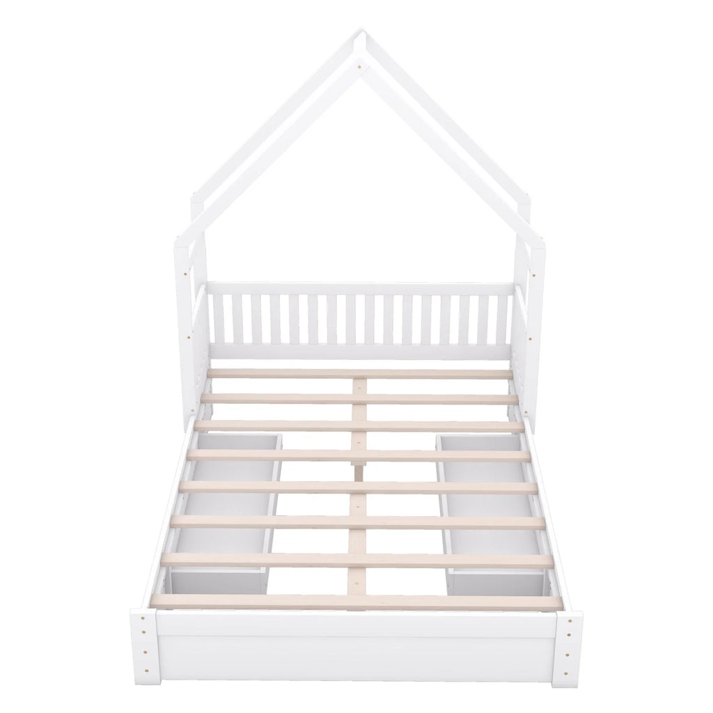 Queen Size Wood Platform Bed with Guardrail and 2 Storage Drawers C5356