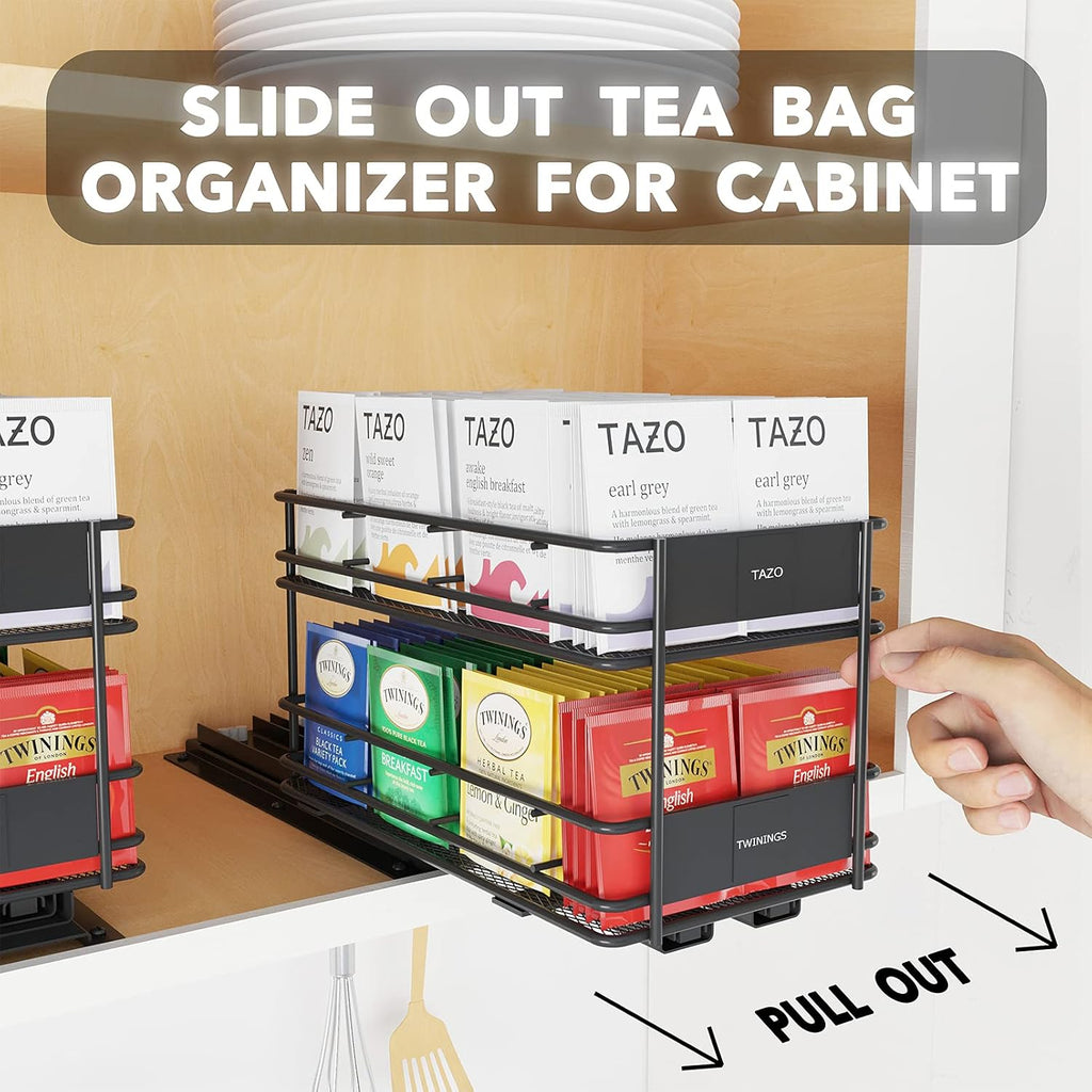 Black 1 Drawer 2-Tier Pull Out Tea Bag Organizer Rack with 70 Labels and Chalk Marker E31440