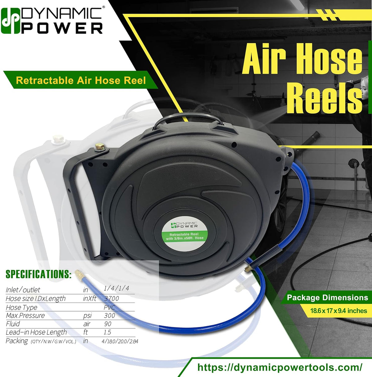 Retractable Air Hose Reel with 3/8-Inch by 50-Feet Air Hose, Pack of 2 B226920