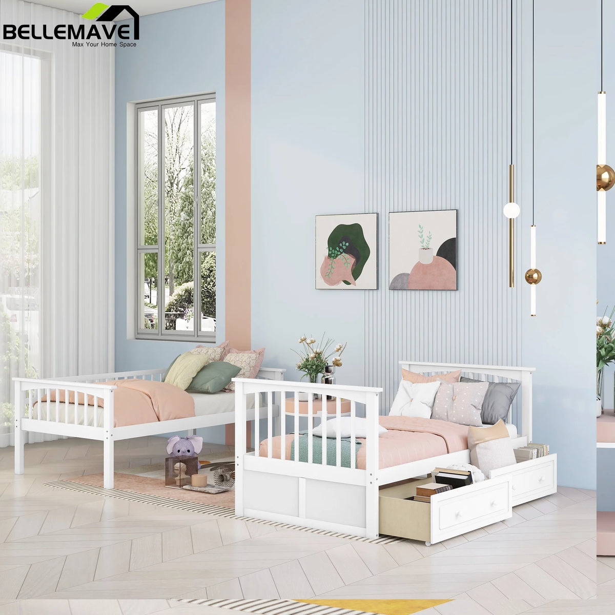 White Twin Over Twin Wooden Bunk Bed with 2 Storage Drawers Y695006