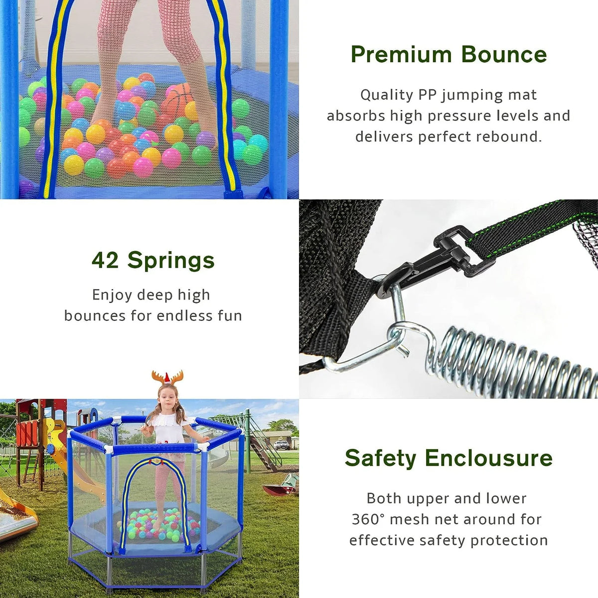 Green Mini Trampoline with Safety Enclosure Net and Pit Balls W72212