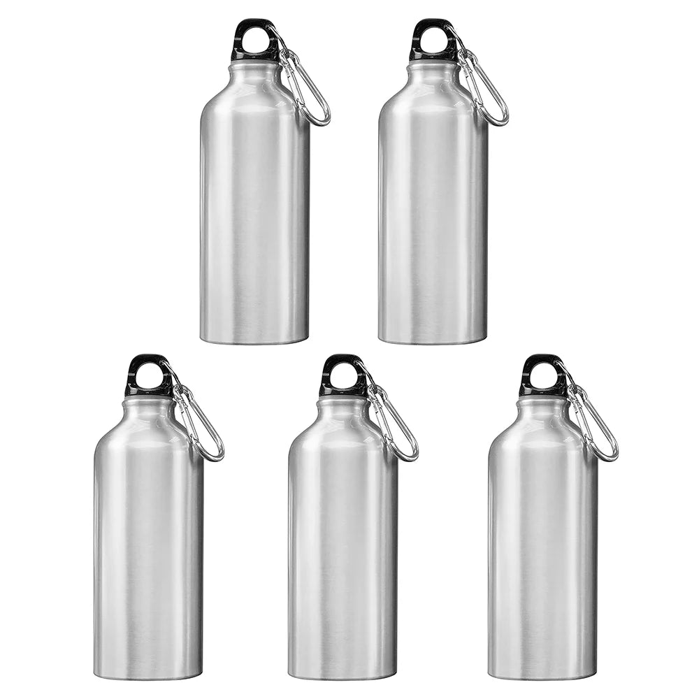 5pcs 600ml Aluminum Water Bottles Silver with Carabiner Hook W7703