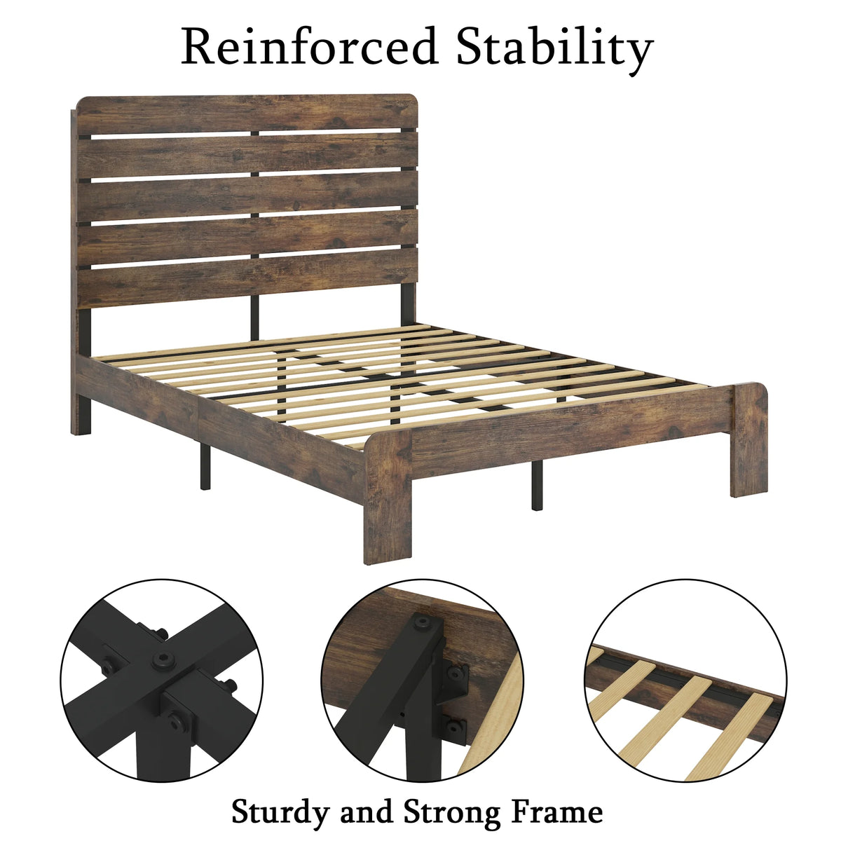 Queen Size Dark Brown Wood Platform Bed with Headboard M615795