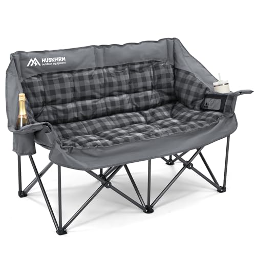 Grey Double Padded Camping Loveseat Chair with Cup Holders and Carry Bag J56126