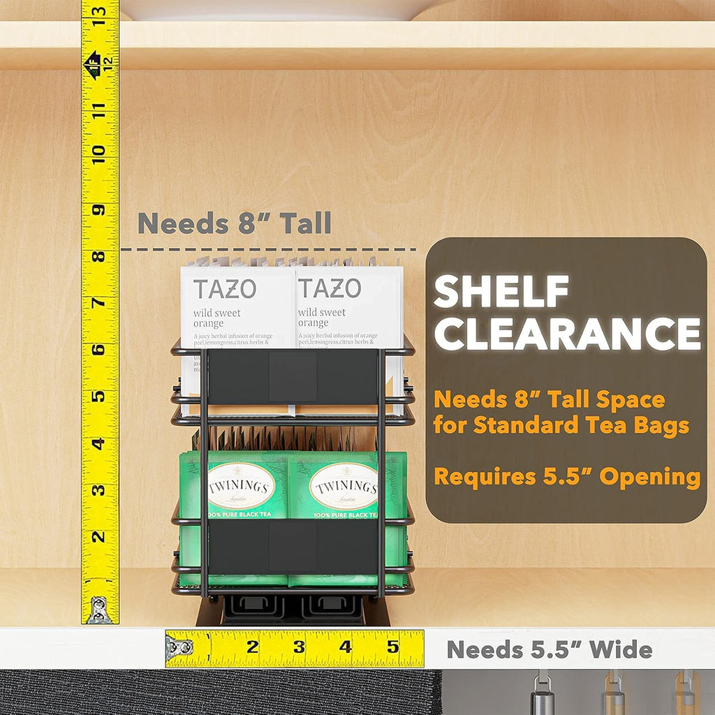 Black 1 Drawer 2-Tier Pull Out Tea Bag Organizer Rack with 70 Labels and Chalk Marker E31440