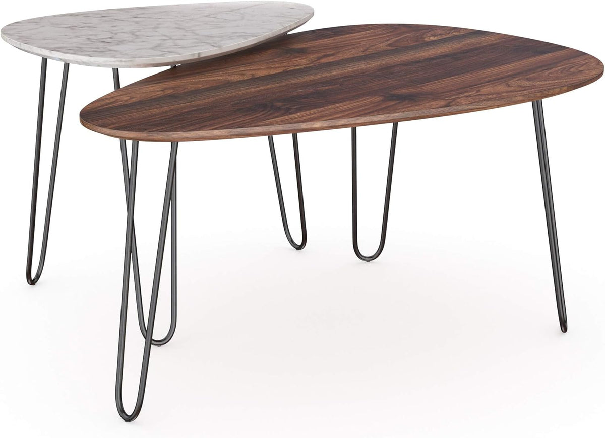 Mid-Century Nesting Coffee Table Set of 2, Faux Carrara Marble, Wood Finish, Black Metal Legs Y855