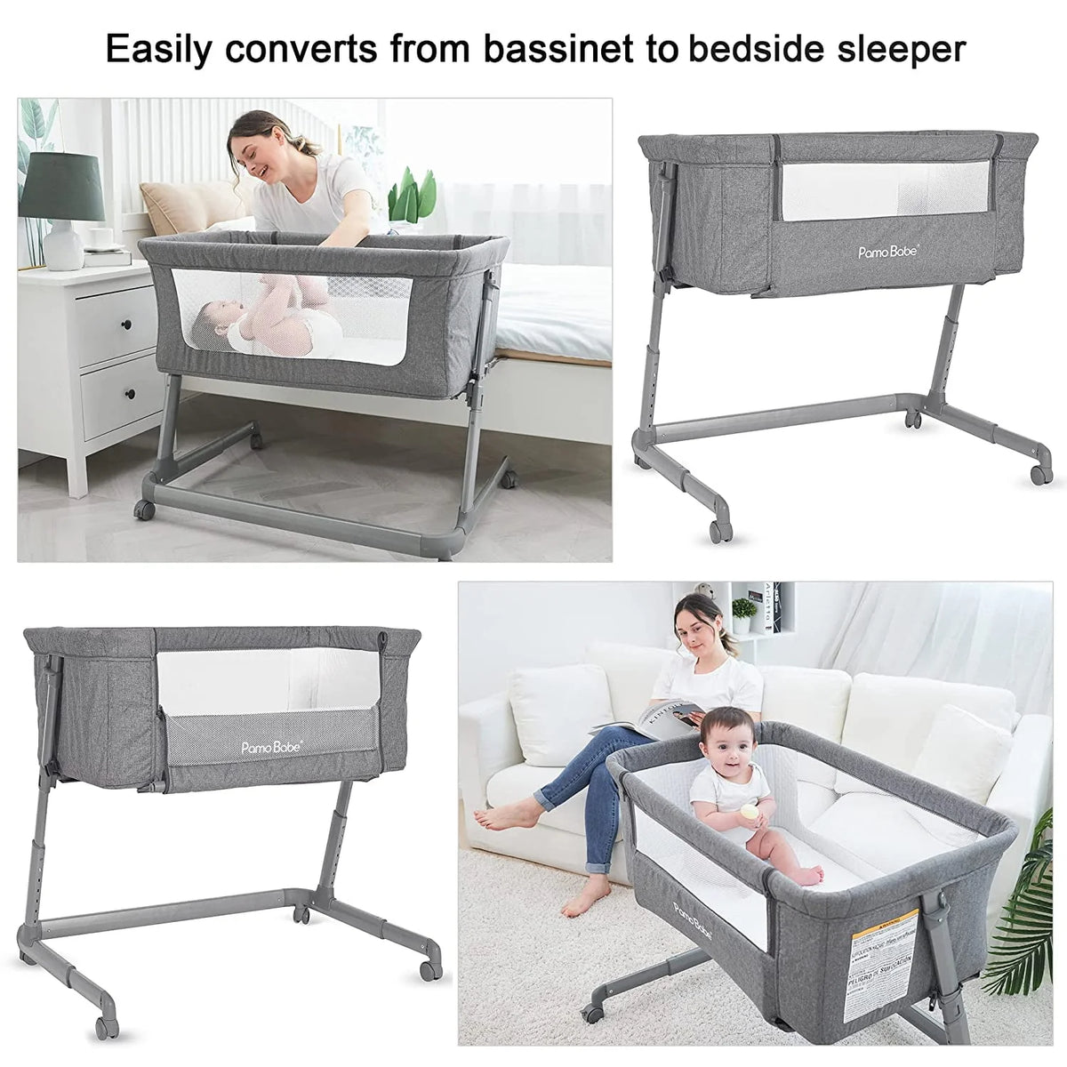 Grey Bassinet with Wheels and Folding Frame H3771