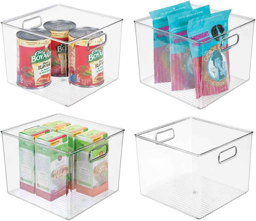 White Stackable Plastic Storage Organizer Bin Basket with Handle, 4 Pack G439048