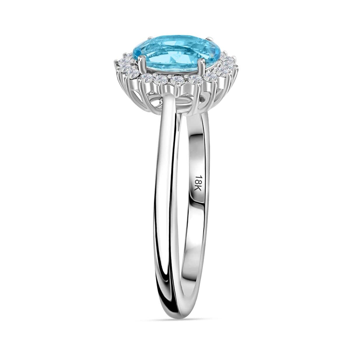 Oval Blue Aquamarine White Diamond 18K White Gold Ring Size 8 Ct 1.18 G-H Color Si1 Clarity J652