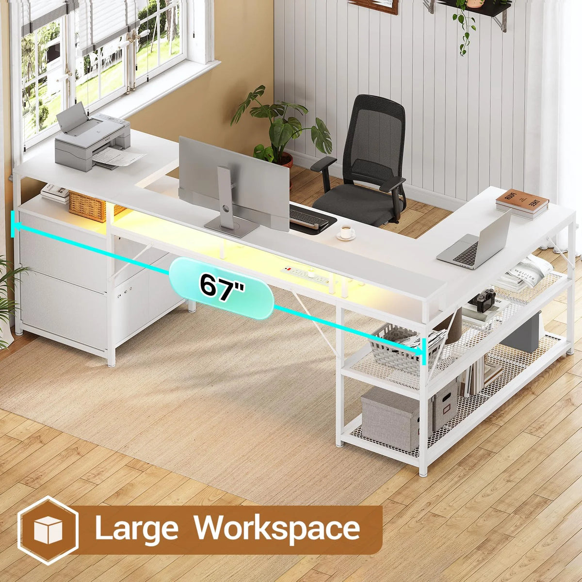 L Shaped Desk with Power Outlet and 2 Drawers, White J1408
