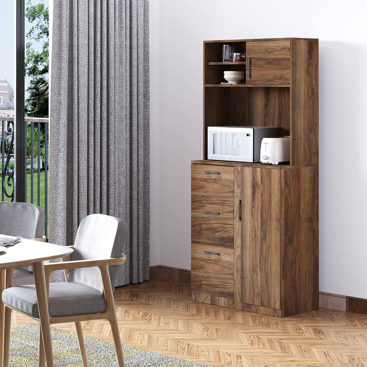 Walnut Kitchen Buffet Hutch with 3 Drawers and Sliding Door M53379