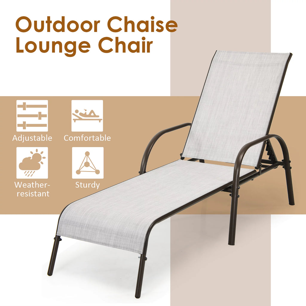 2PCS Grey Adjustable Reclining Patio Lounge Chair F720028