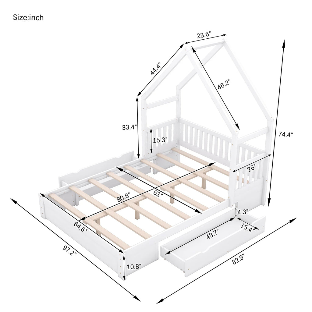 Queen Size Wood Platform Bed with Guardrail and 2 Storage Drawers C5356
