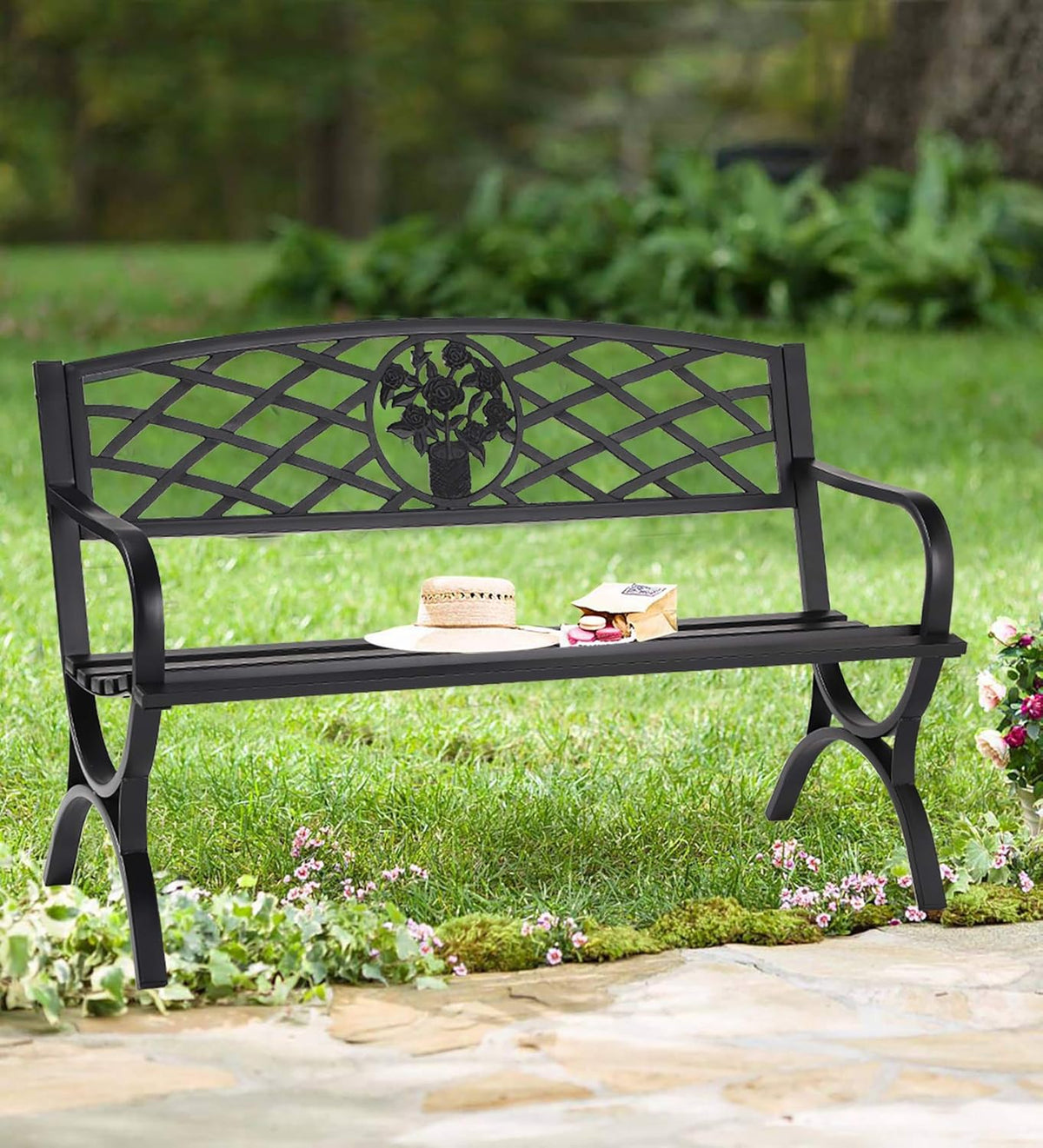 Cast Iron Metal Patio Bench with Armrests L778