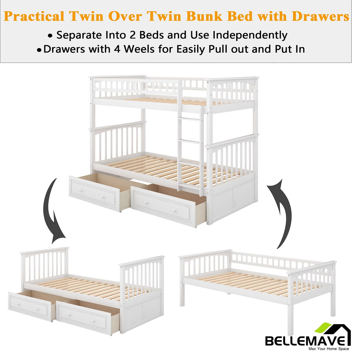 White Twin Over Twin Wooden Bunk Bed with 2 Storage Drawers Y695006