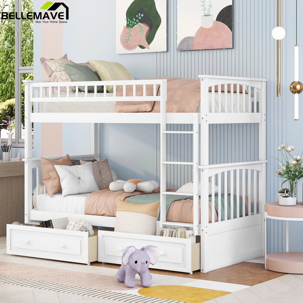 White Twin Over Twin Wooden Bunk Bed with 2 Storage Drawers Y695006