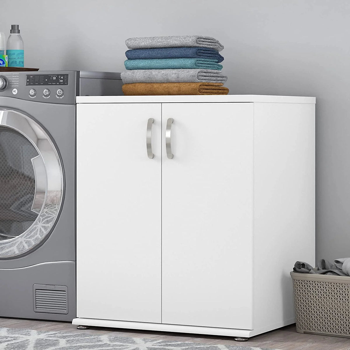 White Engineered Wood Laundry Room Cabinet with Doors C2862