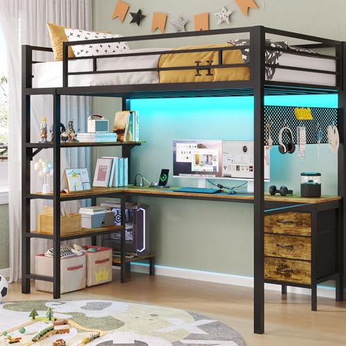 Twin Metal Loft Bed with L-Shaped Desk, LED Lights, Charging Station, Fabric Drawers & Shelves, White N6506