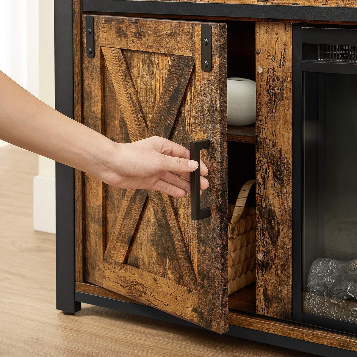 Rustic Brown and Black TV Stand with Fireplace U276