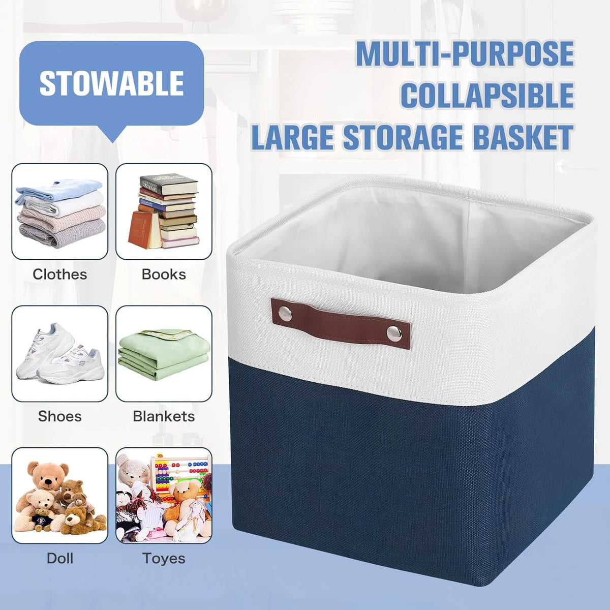 11x11 inch Foldable Cube Storage Bins with Leather Handles (White/ Blue) L59480