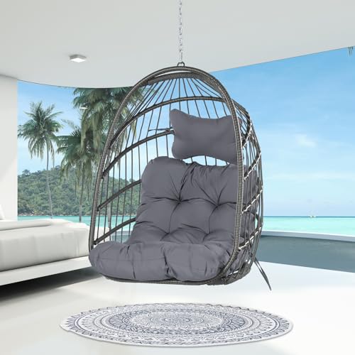 Egg Chair with Cushions, 350lbs Capacity Wicker Hanging Chair, Gray G653