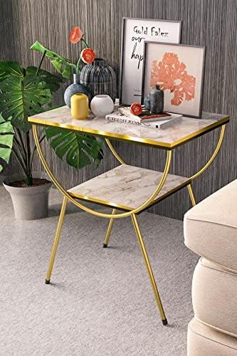 White Marble Nightstand with Gold Metal Legs F428