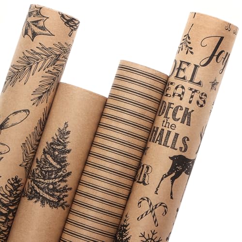 4 Rolls Vintage Brown Kraft Christmas Wrapping Paper Q731